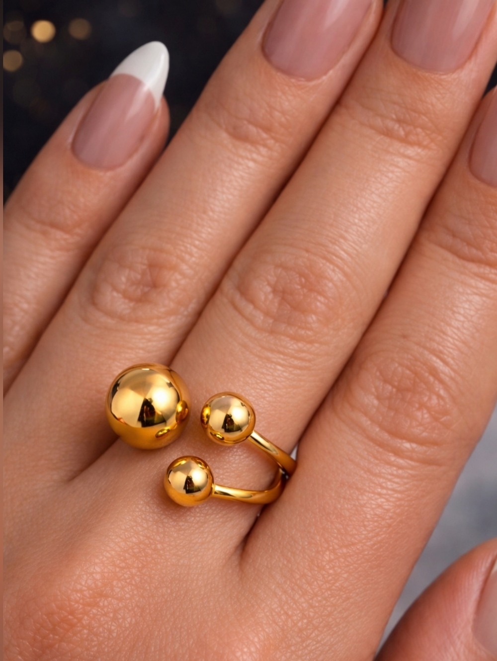 18K Gold Plated Adjustable Triple Beads Stainless Steel Statement Ring Size 7